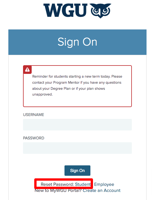 Reset WGU Student Portal Login Password