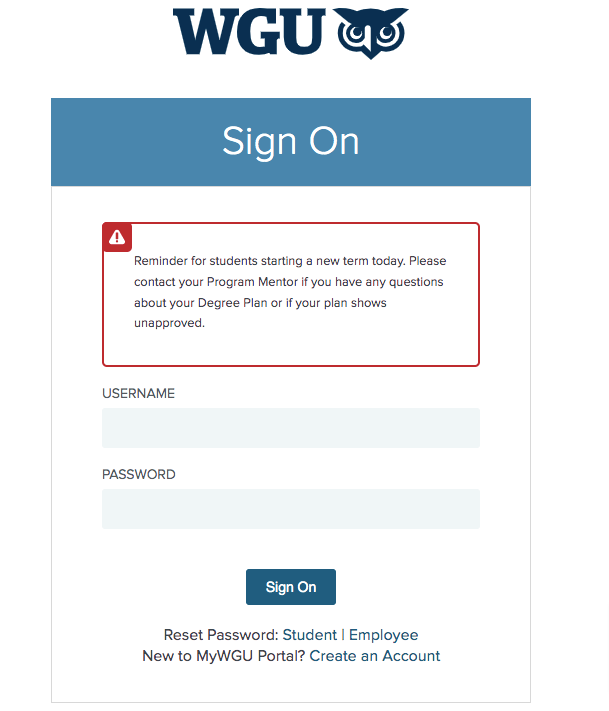 Western Governors University student login page